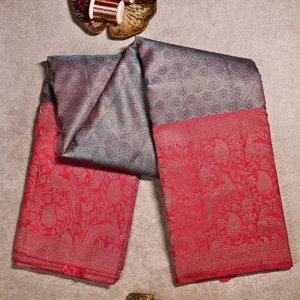 Gunmetal grey Body and Deep Ruby Pink Border Lightweight Pure kanjivaram saree