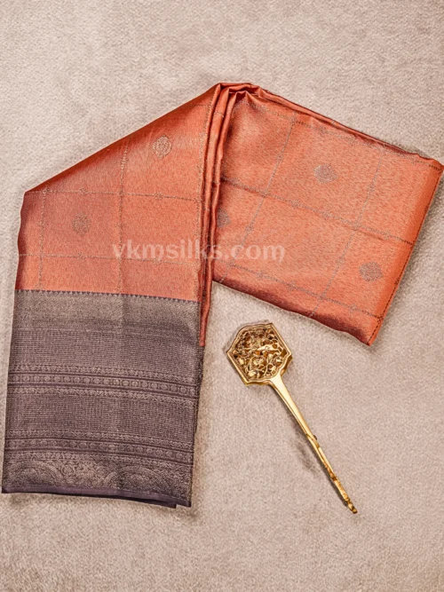 Burnt Copper Body and Deep Grey Border Pure kanjivaram saree