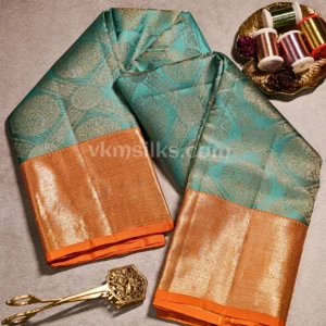 Sea Green Body and Marigold Border Pure kanjivaram saree