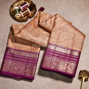 Soft Peach–Champagne Beige Body and Wine-Magenta Border Pure Kanjivaram Saree