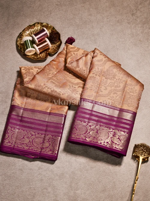 Soft Peach–Champagne Beige Body and Wine-Magenta Border Pure Kanjivaram Saree
