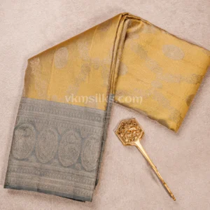 Antique Gold Body and Muted Sage Grey–Green Border Pure kanjivaram saree