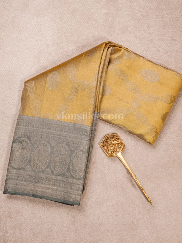 Antique Gold Body and Muted Sage Grey–Green Border Pure kanjivaram saree
