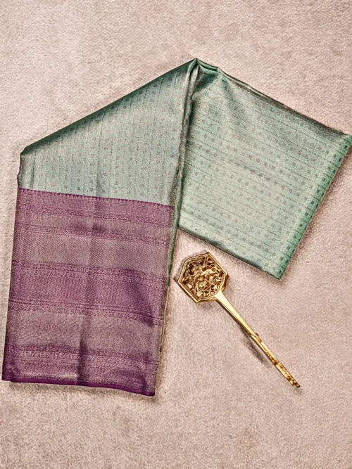 Pastel Bottle Green Body and Wine-Toned Border Pure Kanjivaram Saree
