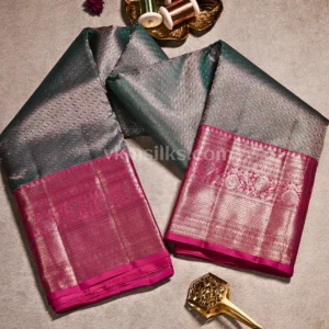 Peacock Green Body and Rich Magenta Pink border Pure Kanjivaram Saree
