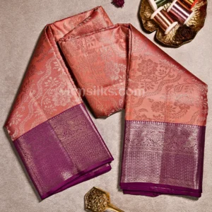 Soft Peach–Coral Body and Royal Violet Border Pure Kanjivaram Saree