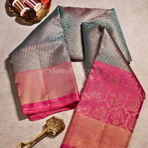Soft Teal Blue–Grey Body and Vibrant Rani Pink Border Pure Kanjivaram Saree