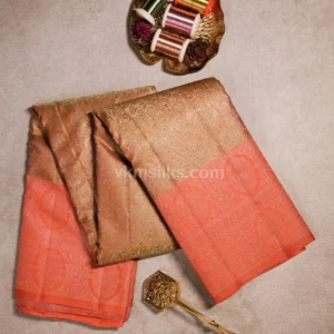 Antique Gold Body and Coral Orange Border Light weight Pure kanjivaram saree