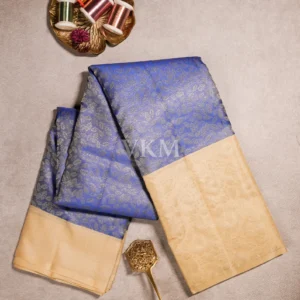 Sapphire Blue Body and Antique Gold–Beige border Pure kanjivaram saree