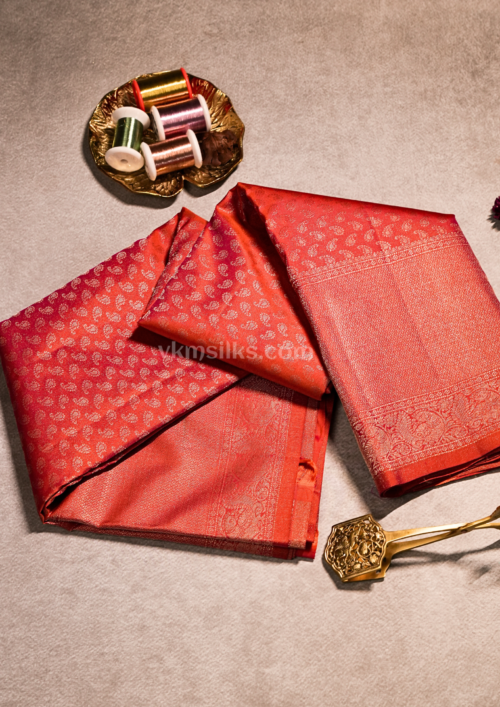 Rich Vermilion Red with Gold Zari Weaving Monotone Kanjivaram silk saree