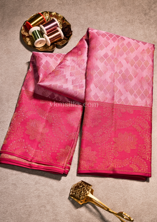 Elegant Rose Pink Silk Saree with Rich Gold Zari Floral Border kanjivaram silk saree