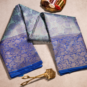 Pastel Aqua Blue Pure Silk Saree with Royal Blue Gold Zari Border kanjivaram saree