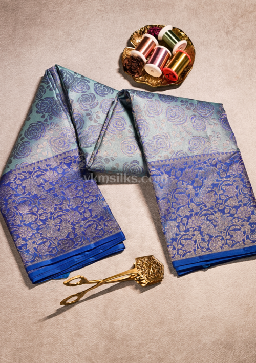 Pastel Aqua Blue Pure Silk Saree with Royal Blue Gold Zari Border kanjivaram saree