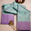 Turquoise Green Pure Silk Saree with Royal Purple Zari Border kanjivaram silk saree