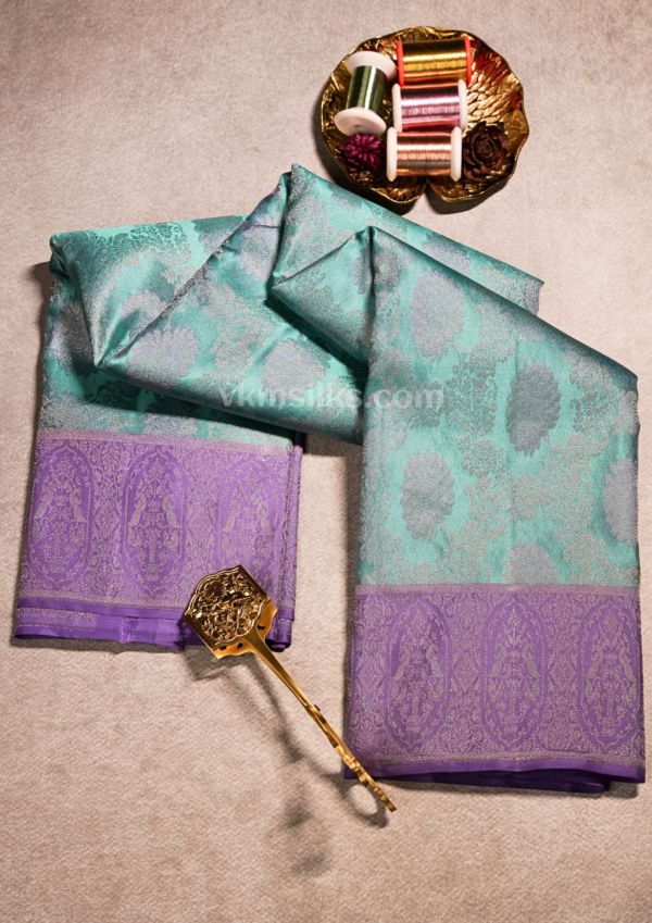 Turquoise Green Pure Silk Saree with Royal Purple Zari Border kanjivaram silk saree