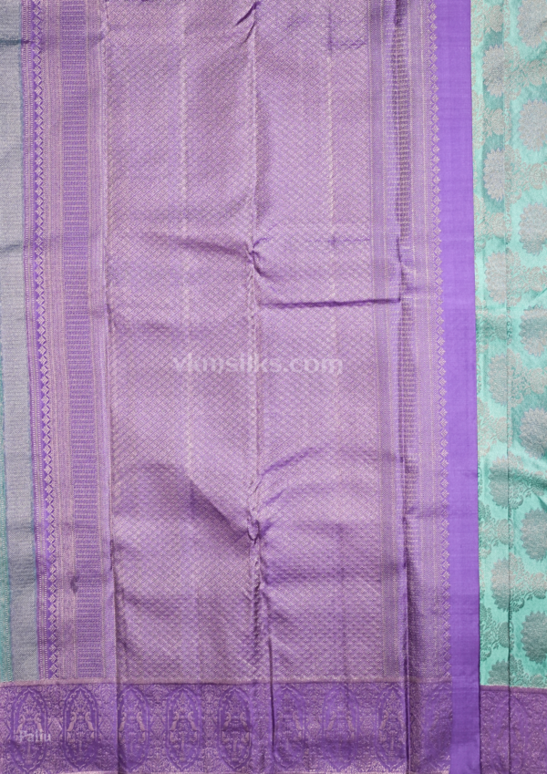 Turquoise Green Pure Silk Saree with Royal Purple Zari Border kanjivaram silk saree