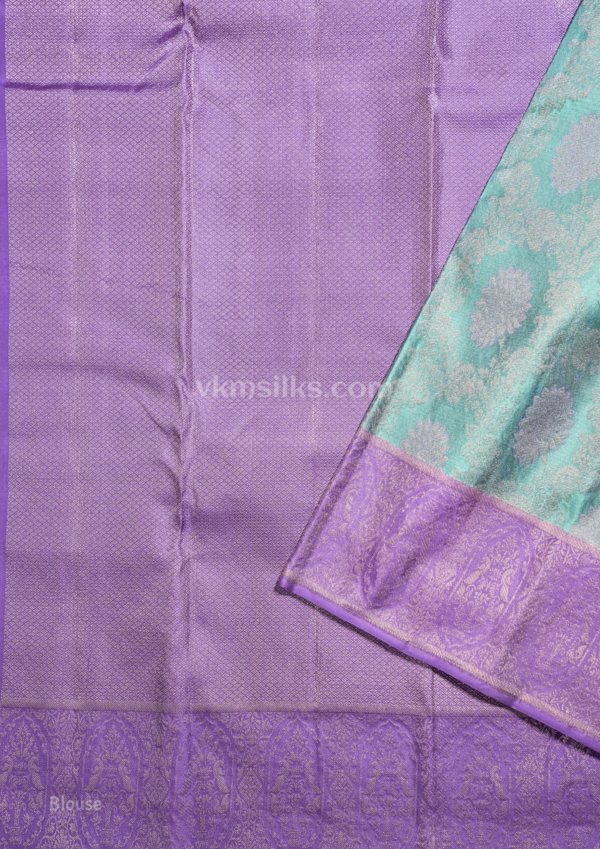 Turquoise Green Pure Silk Saree with Royal Purple Zari Border kanjivaram silk saree