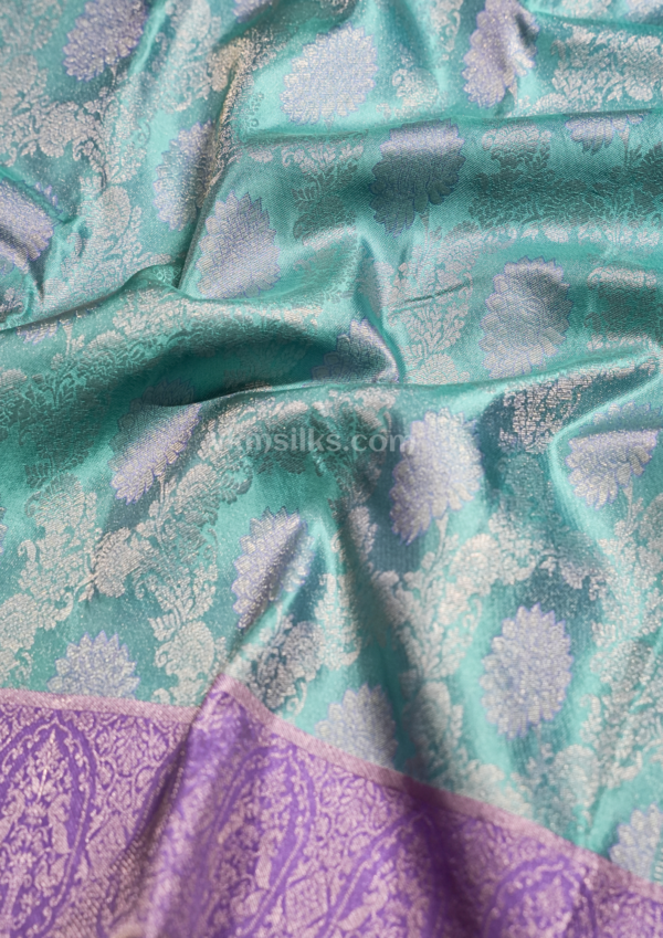 Turquoise Green Pure Silk Saree with Royal Purple Zari Border kanjivaram silk saree