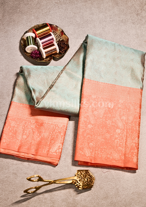 Pastel Mint Green & Peach Coral Silk Saree with Elegant Zari Border kanjivaram silk saree