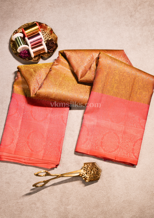 Mustard Gold & Coral Pink Pure Silk Saree – Elegant kanjivaram silk saree