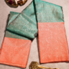 Teal Green & Peach Coral Pure Silk Saree – Elegant Traditional Wedding Wear kanjivaram silk saree.