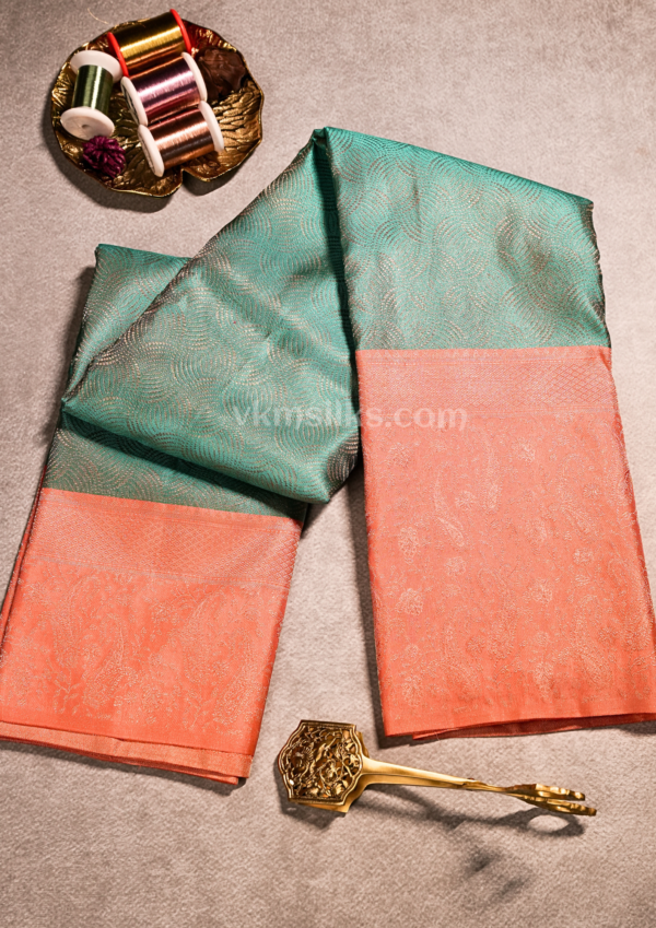 Teal Green & Peach Coral Pure Silk Saree – Elegant Traditional Wedding Wear kanjivaram silk saree.