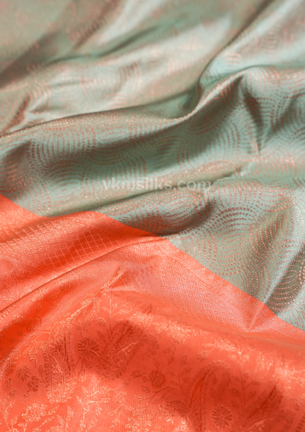 Teal Green & Peach Coral Pure Silk Saree – Elegant Traditional Wedding Wear kanjivaram silk saree.