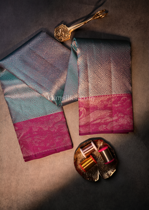 9 - 2026-04-08T164621.341 Teal Blue Silk Saree with Rani Pink Zari Border | Elegant Wedding & Festive Wear
