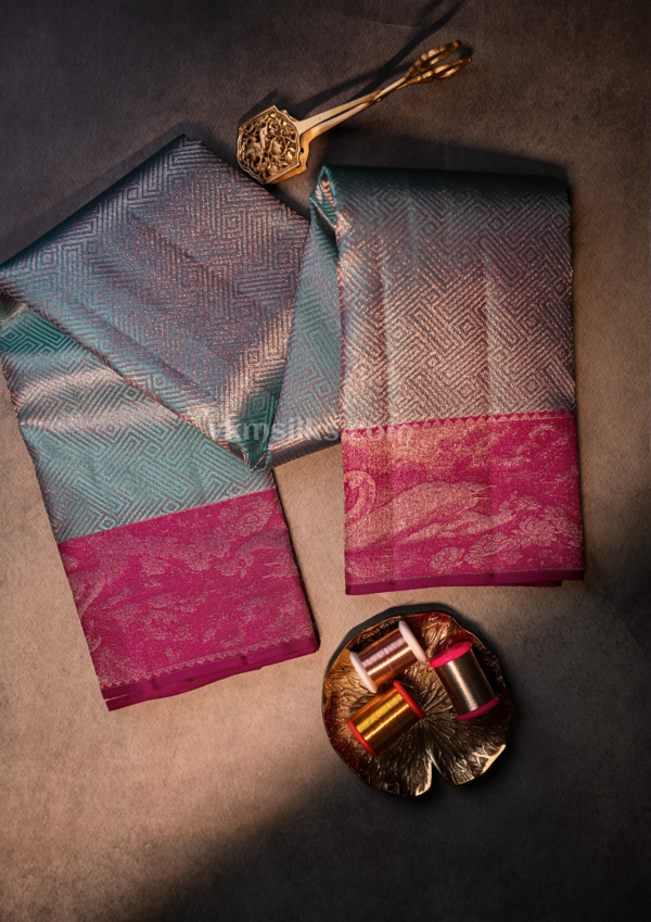 9 - 2026-04-08T164621.341 Teal Blue Silk Saree with Rani Pink Zari Border | Elegant Wedding & Festive Wear