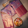 Royal Blue and Pink Silk Saree with Gold Zari Floral Design