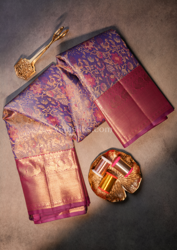 Royal Blue and Pink Silk Saree with Gold Zari Floral Design