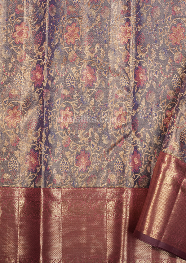 Royal Blue and Pink Silk Saree with Gold Zari Floral Design