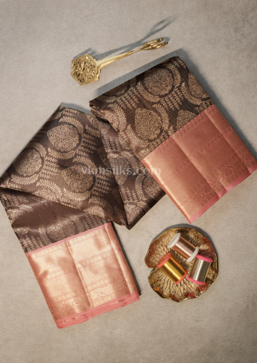 Chocolate Brown Zari Saree with Peach Pink Border