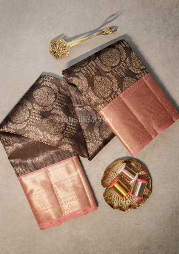 Chocolate Brown Zari Saree with Peach Pink Border