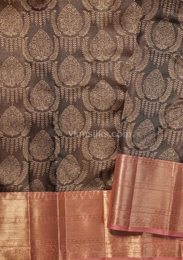 Chocolate Brown Zari Saree with Peach Pink Border