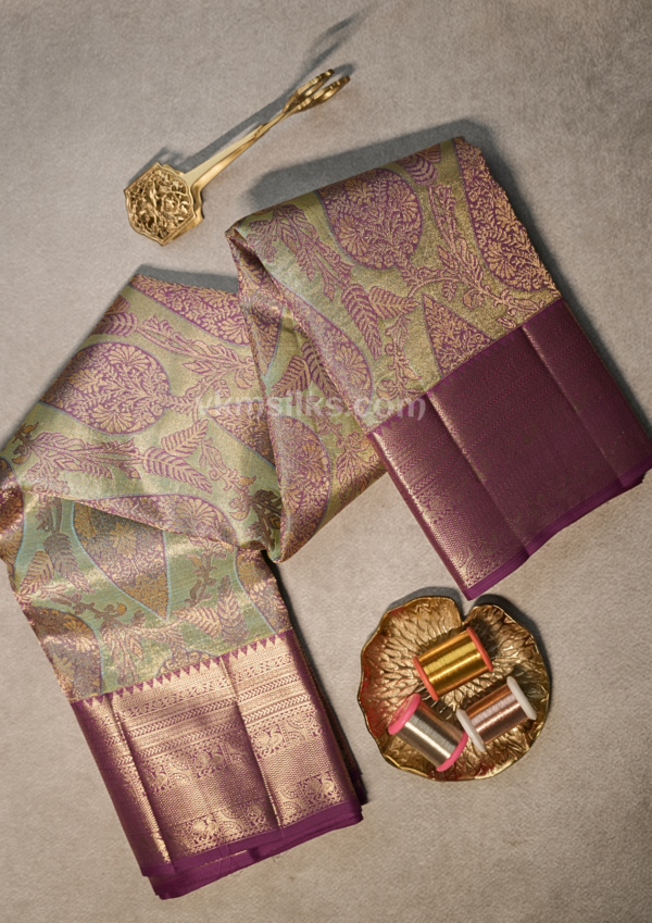 Elegant Sage Green & Royal Purple Silk Saree with Gold Zari Work