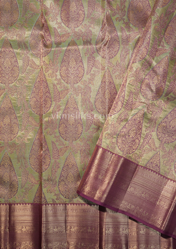 Elegant Sage Green & Royal Purple Silk Saree with Gold Zari Work