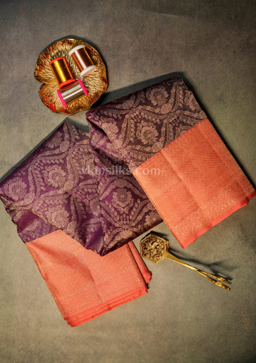 Royal Plum Purple Silk Saree with Peach-Coral Zari Border