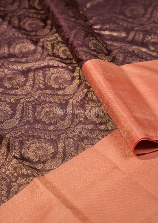 Royal Plum Purple Silk Saree with Peach-Coral Zari Border