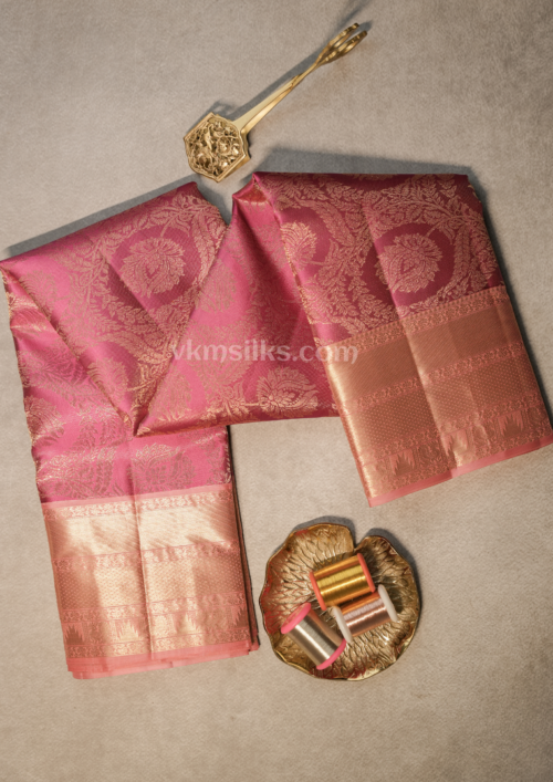 Elegant Rani Pink Silk Saree with Peach-Gold Zari Border