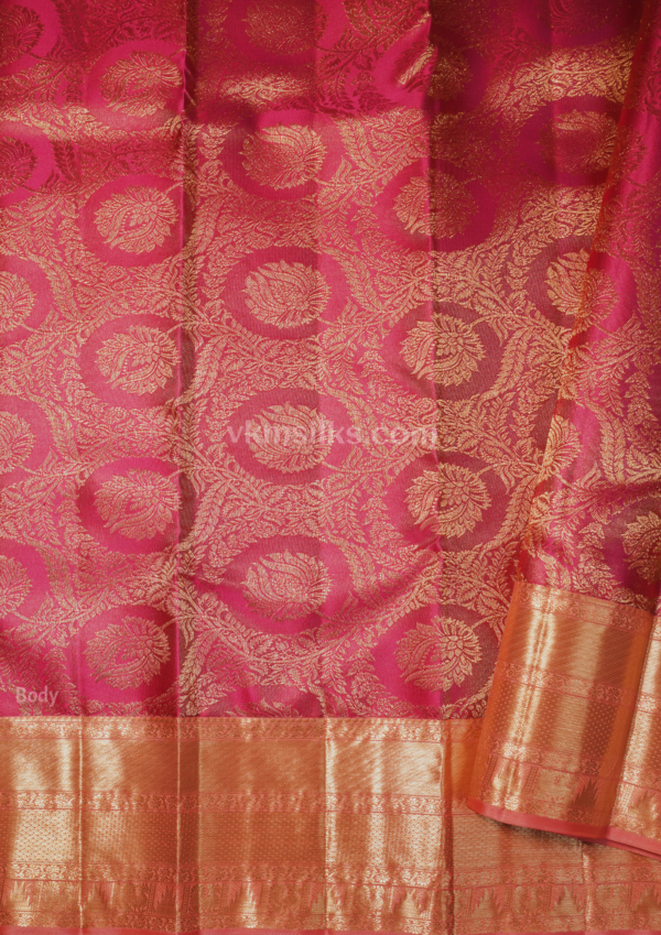 Elegant Rani Pink Silk Saree with Peach-Gold Zari Border
