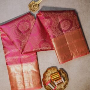Elegant Rani Pink Silk Saree with Peach-Gold Zari Border