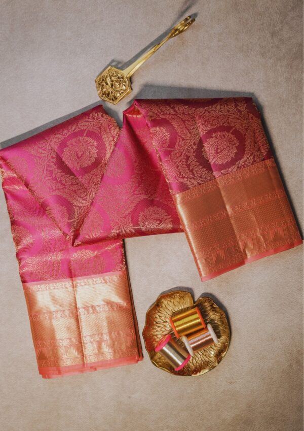 Elegant Rani Pink Silk Saree with Peach-Gold Zari Border