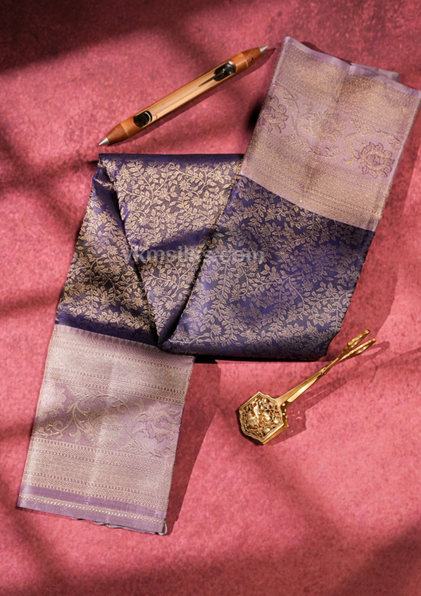 Royal Navy Blue Pure Silk Saree with Lavender Silver Zari Border