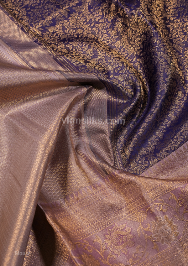 Royal Navy Blue Pure Silk Saree with Lavender Silver Zari Border
