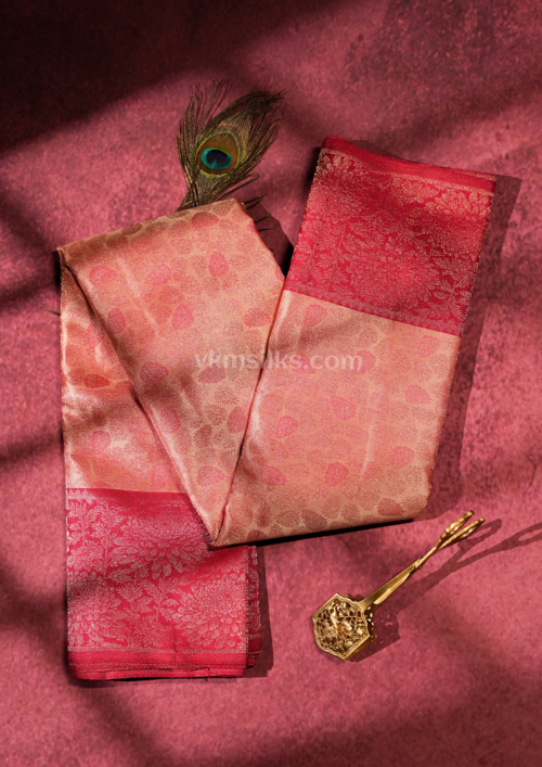 Peach Pink Soft Silk Saree with Rani Pink Zari Border
