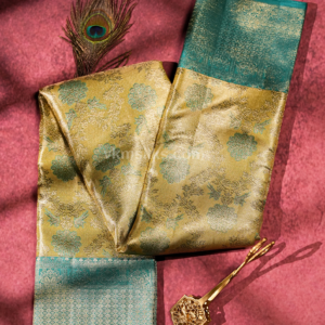 Golden Beige Soft Silk Saree with Peacock Blue Border