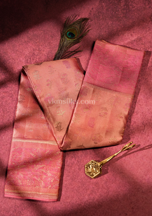 Peach Pink Pure Silk Saree with Gold Zari Work