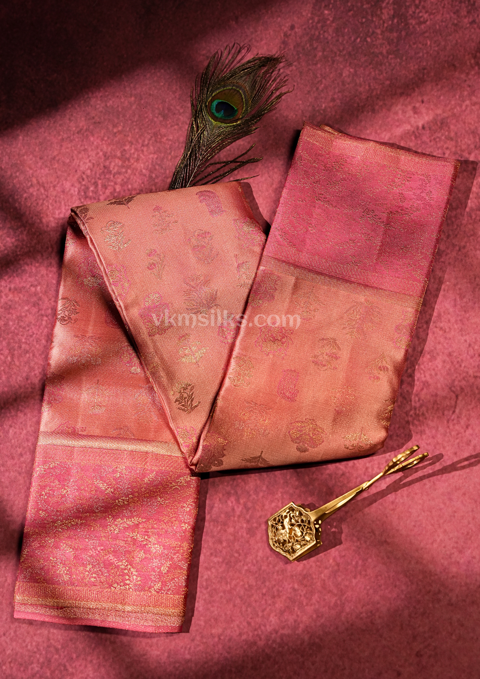 Peach Pink Pure Silk Saree with Gold Zari Work