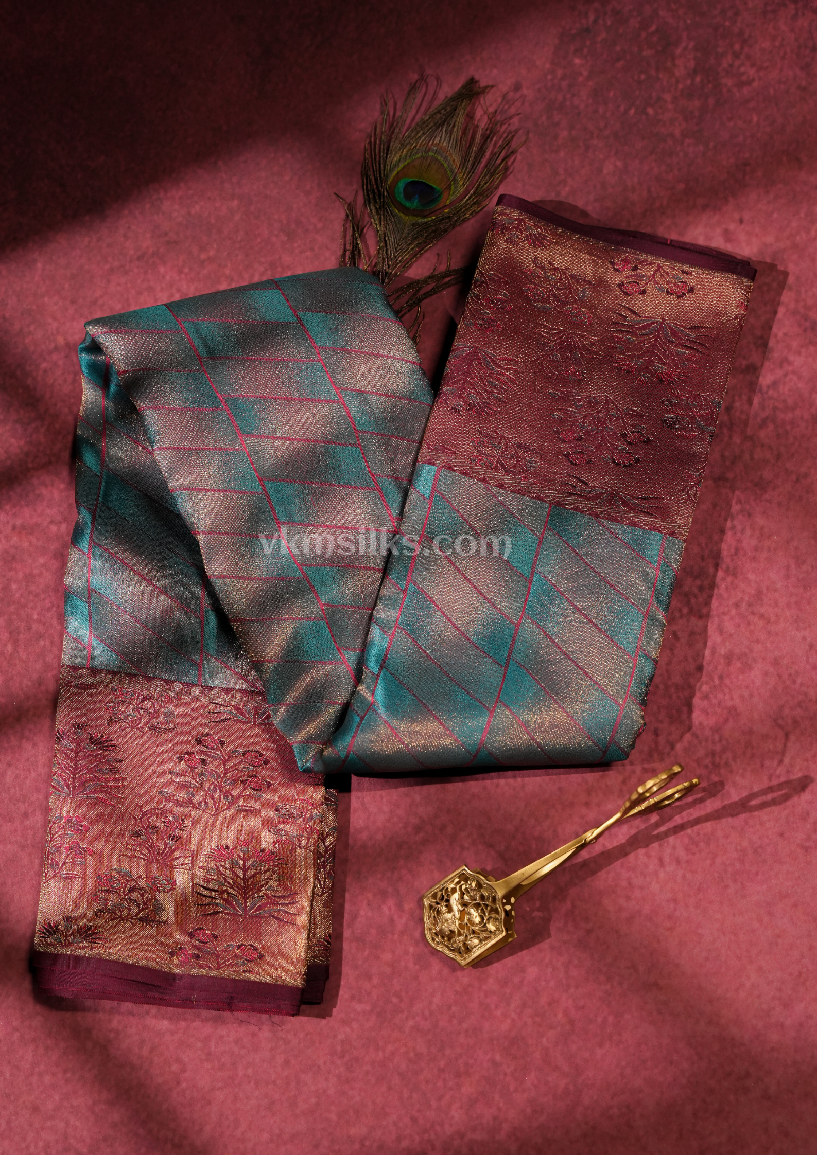 Attractive Royal Teal Blue Pure Silk Saree with Wine Maroon Zari Border
